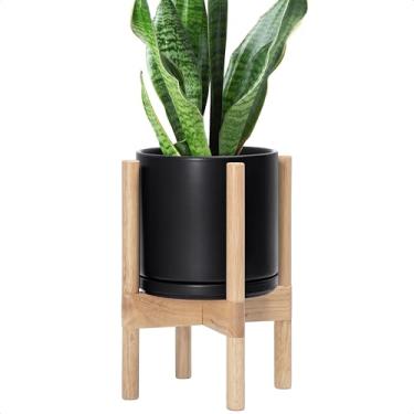 Imagem de D'vine Dev Vaso de cerâmica com suporte natural - Vaso de flores redondo moderno de 20 cm com suporte de plantador de madeira, preto, 55-B-N-2