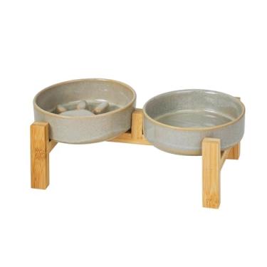 Imagem de Conjunto de tigelas de cerâmica para cães de alimentação lenta elevada para tamanho pequeno, altura elevada de 6 cm, tigela de comida de alimentação lenta de pata fofa e tigela de água com suporte