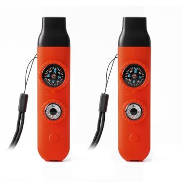 Imagem de Apito de segurança de sobrevivência de emergência, apito para crianças com cordão, bússola, termômetro, ideal para caiaque, passeios de barco, caminhadas, acampamento, escalada (laranja, 2 peças)