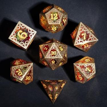 Imagem de Cusdie 7-Piece Metal Frame Sharp Edges DND Dice Set with Metal Frame- Perfect for Tabletop RPGs Board Games Gifting and Collecting(Red and Yellow)