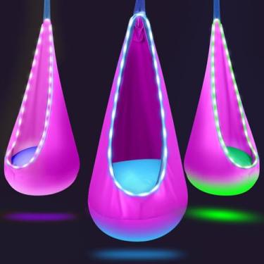 Imagem de Cadeira giratória iluminada para ambientes internos e externos, com luzes LED, macia e segura, capacidade de carga de 79,8 kg, fácil instalação, perfeita para quarto, jardim e sala de jogos (rosa