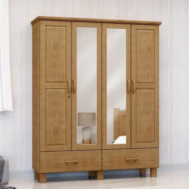 Imagem de Guarda Roupa Roupeiro 4 Portas 2 Gavetas com Espelho Linha Bronze em Madeira Maciça 1142FN Freijó Finestra