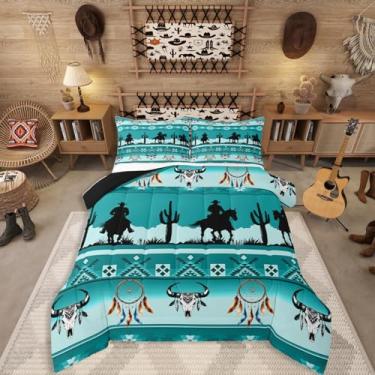 Imagem de Erosebridal Jogo de cama Queen Size Western Longhorn Caveira Apanhador de Sonhos Boho para Quarto de Crianças Meninos Adolescentes Adultos, Cowboy Cavalo Ocidental, Colcha Geométrica Sudoeste