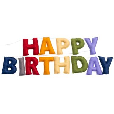 Imagem de Meygajoe Banner de feliz aniversário reutilizável pré-amarrado - guirlanda de bola de feltro colorida - decorações de festa arco-íris, sinal de feriado personalizado para decoração de sala de aula em