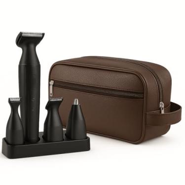 Imagem de kit Necessaire masculina Aparador de limpeza 4 em 1 Aparador de Pelos Nariz Ouvido Barba Sobrancelha Portátil e Compacto para Viagem (MARROM)