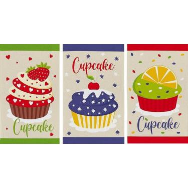 Imagem de Pano de Prato Copa Teka Primore Atoalhado Cupcakes (kit com 3 unidades