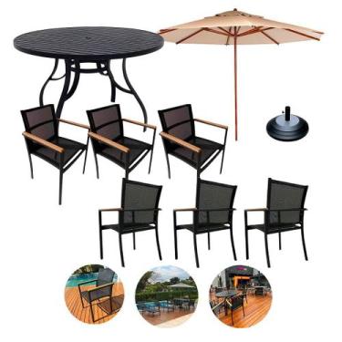Imagem de Jogo de Mesa 1,40m Ripada 6 Cadeiras Piscina Jardim + Guarda Sol - Nos