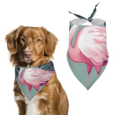 Imagem de Cachecol triangular de poliéster estampado com folhas tropicais e flamingo - Tamanho único (70 x 30 cm)