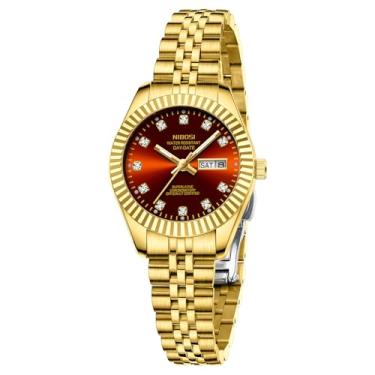 Imagem de NIBOSI Relógios femininos analógicos de quartzo de aço inoxidável com data luminosa à prova d'água delicada, clássico, luxuoso, diamante, elegante, relógio feminino para pulsos pequenos, Dourado