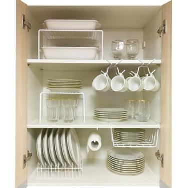 Imagem de Kit Organizador de Armário Aramado de Cozinha Suporte de Prato Xícara Cesto 7 Peças Branco Pliar
