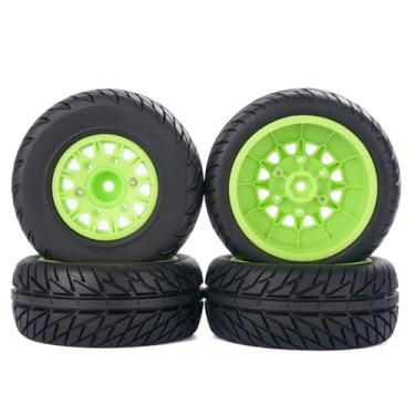 Imagem de PYFORE 1/8 & 1/10 RC Short Course Tires & Wheels (4PCS) - 113mm All-Terrain Rubber Tires w/ 12/14/17mm Hex Adaptors for Traxxas Slash, Tamiya TT-02, HSP 94102, PTG-2, Sonic GT W20 (Green)