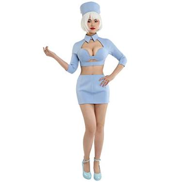 Imagem de Cosplay.fm Fantasia feminina de aeromoça aeromoça para festa retrô, Azul, M