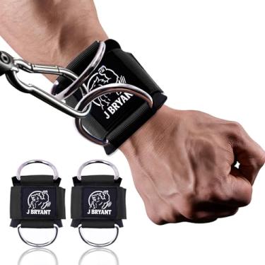 Imagem de J Bryant Punhos de pulso para elevação lateral de máquina de cabos – Tiras de anel D duplo resistente com neoprene acolchoado – Suporte de pulso ajustável confortável para sistema de polia de academia