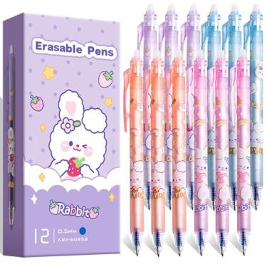 Imagem de 12 canetas apagáveis fofas, canetas de gel, ponta fina, caneta de escrita suave, retrátil de 0,5 mm, tinta azul com borracha, bom presente para meninas, crianças, mulheres, escritório, material
