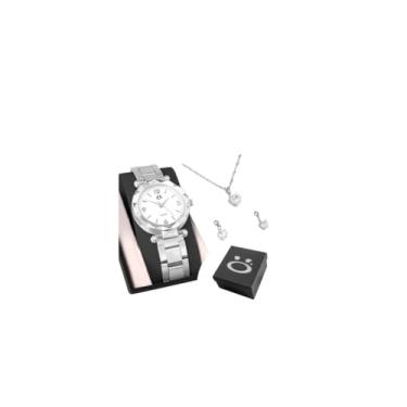 Imagem de Relógio Feminino Aço Prata + Colar Coração + Brincos Strass Kit Presente Luxo Orizom Maria