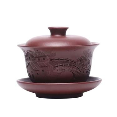 Imagem de Xícara de chá chinesa de argila roxa Gaiwan xícara de chá artesanal de cerâmica para paisagem, tigela de chá retrô chinesa, para quarto, xícaras de chá com tampa