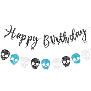 Imagem de Vofrise Banner de feliz aniversário de Halloween com caveira azul para meninos/adultos com glitter para decoração de festa de aniversário de Halloween azul
