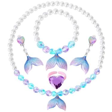 Imagem de BAOBAOJOY Joias de princesa para meninas, conjunto de joias de cauda de sereia de 5 peças, colar elástico, pulseiras, anéis e brincos de encaixe, perfeito para vestir, festas de aniversário, fantasia