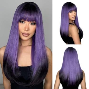 Imagem de ENTRANCED STYLES Peruca roxa longa e reta para mulheres, roxa, preta, com franja, cabelo sintético resistente ao calor para festa de Halloween, cosplay, uso diário, 56 cm