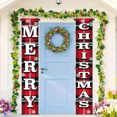 Imagem de BlissYard Placa de alpendre de Feliz Natal, 30,5 x 188 cm, xadrez vermelho, decorações de Natal para decoração de Natal para pendurar na parede da porta da frente, com letras e flocos de neve para