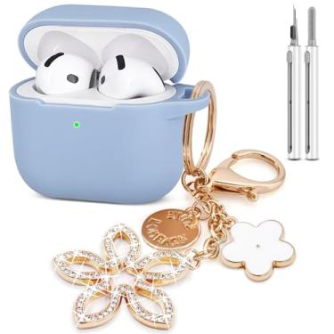 Imagem de Compatível com capa AirPods 4 2024, capa protetora de silicone para Air pod 4 com chaveiro brilhante, capa para fones de ouvido sem fio Apple iPod 4ª geração com kit de limpeza (azul celeste)