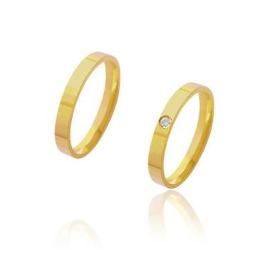 Imagem de Par de Alianças de Casamento Afrodite Ouro 18k Reta com Brilhante 3mm 