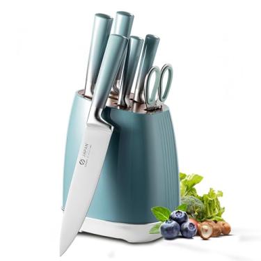 Imagem de Conjunto de facas de cozinha, conjunto de facas de aço inoxidável de 7 peças com bloco, conjunto de facas de chef ultra afiadas para cozinha, conjunto de blocos de facas com cabo ergonômico, conjunto