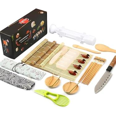 Imagem de Kit de fabricação de sushi, conjunto de rolos de bazuca com faca de sushi, tapetes de bambu, molde de arroz, pá de arroz, espalhador, pauzinhos, fatiador de abacate, fácil faça você mesmo, máquina de