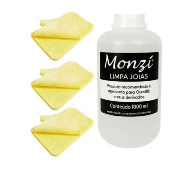 Imagem de Kit 1 Limpa Jóias Ouro Monzi 1000Ml Grande + 3 Flanela Pano - Visujóia