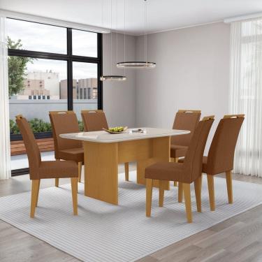 Imagem de Mesa Cairo 160x90cm Tampo Mdf e Vidro com 6 Cadeiras Evora Nature/Marrom/Off White