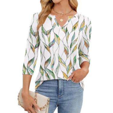 Imagem de Camiseta feminina casual MIHOLL, manga 3/4, decote em V, solta