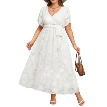 Imagem de Vestido Pinup Fashion branco Maxi Wrap com decote em V e manga esvoaça