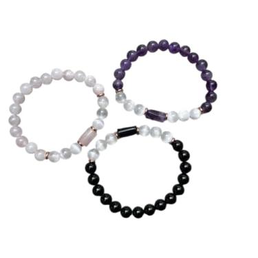 Imagem de Pulseira de contas de cristal de quartzo rosa, turmalina preta, ametista e selenita de 8 mm – Cilindro de cristal de pedra preciosa genuína com discos de cobre, pulseira de pedras preciosas de cura