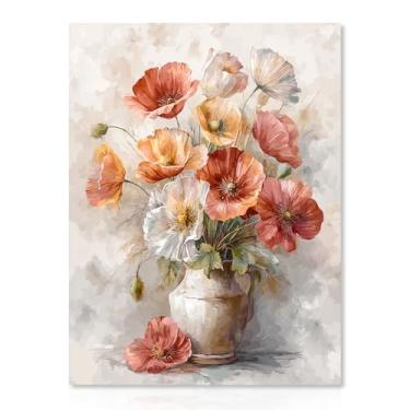 Imagem de Dazzlewall Pintura de arte de parede floral, flores vermelhas brancas em vaso impressão de arte aquarela flor imagem de parede para quarto sala de estar decoração estética, 30 x 40 cm sem moldura