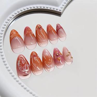Imagem de RTKHFZE Unhas postiças curtas de amêndoa 3D, unhas postiças com ponta francesa, unhas postiças amarelas de acrílico