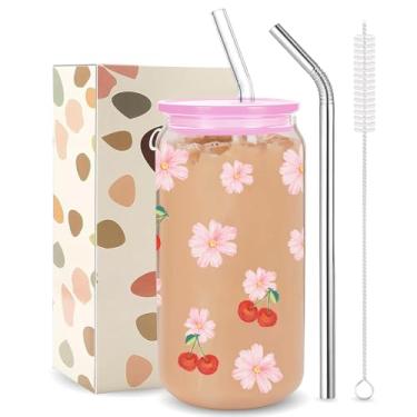 Imagem de Copo de flor de cerejeira para mulheres, copos para beber flores, copos de vidro fofos com tampas e canudos, escova de limpeza para mulheres, casamento, aniversário, dia dos namorados, Natal, dia das