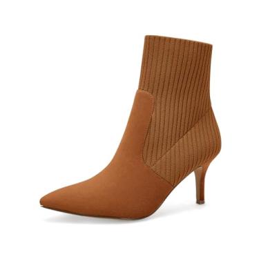 Imagem de Coutgo Botas femininas de cano curto, salto agulha gatinho de malha, camurça sintética, meia de inverno, Camurça marrom, 39