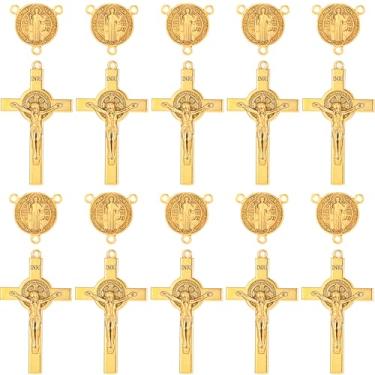 Imagem de LiHan1028 Conjunto de 30 peças de crucifixo e medalha do terço de São Bento, medalha de 5,3 cm e cruz de 13,5 cm, 15 conjuntos (ouro antigo)