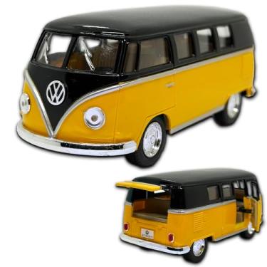 Imagem de Miniatura Kombi Microbus 1962 em metal, 1/32 13 CM, abertura de portas laterais e porta malas, rodinhas em borracha e com fricção, Carrinho de ferro miniatura (Preto e amarelo)