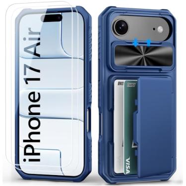 Imagem de BXYJY Capa carteira para iPhone Air com protetor de tela (vidro temperado), capa deslizante para câmera, queda de grau militar, porta-cartão (4 a 5 cartões), capa de telefone resistente masculina e