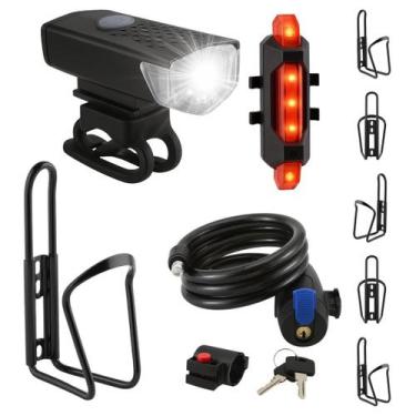 Imagem de Kit Completo Bike Farol E Sinalizador USB + Suporte Porta Garrafa + Ca