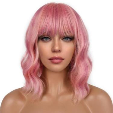 Imagem de Peruca LANCAINI Short Bob com franja solta, ondulada, sintética, rosa