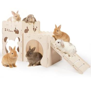 Imagem de Castelo de coelho grande esconderijo de coelho, casa de coelho de madeira, refúgio removível para hamster, castelo de porquinho da índia com rampa, casas de animais pequenos e habitats