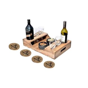 Imagem de Bandeja de servir/bandeja de vinho ARTISTIC (TM) de 38,1 cm, bandeja multiuso, acessório de cozinha e barra lindamente feito à mão com suporte de garrafa e vidro