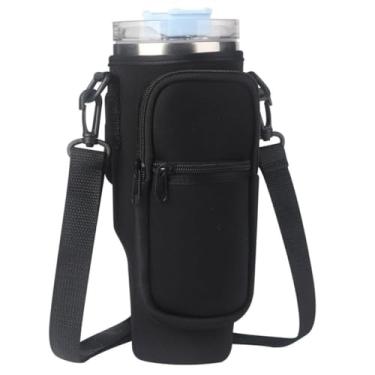 Imagem de Bolsa Porta Garrafa, Squeeze, Copo Térmico Com Alça Ajustável Shoulder Bag com bolso para celular, de neoprene, com alça ajustável, tampa para canudo e mosquetão (Preto)