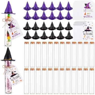 Imagem de Bokon 24 Sets Halloween DIY Candy Tube Kit with Purple Black Witch Hats Empty Glass Test Tubes with Corks Card Mesh Fabric and Twine for Party Favors Treat or Trick Crafts Halloween Party Decorations