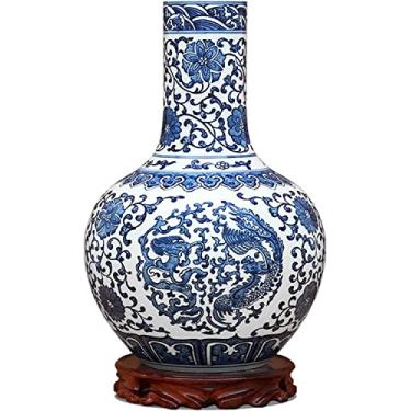Imagem de LIFOND Vaso de flores vaso de cerâmica chinês retrô dragão e fênix pintado à mão vaso de flores de porcelana azul e branco 30 cm grande decoração vasos de mesa com base vaso de flores decoração de