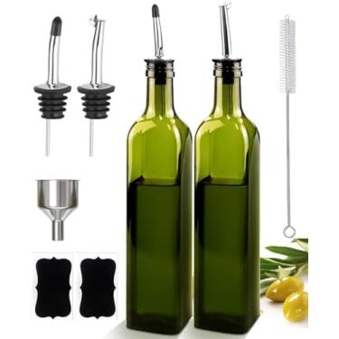 Imagem de Leaflai Conjunto de 2 dispensadores de azeite de oliva e vinagre de vidro com 2 dosadores de aço inoxidável, 4 etiquetas, 1 pincel e 1 funil de garrafas de óleo para cozinha (500 ml) - verde