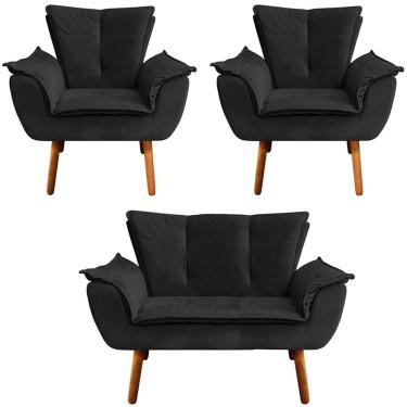 Imagem de Conjunto 2 Poltronas e 1 Namoradeira Pés Palito Charger Veludo Preto - Gran Belo