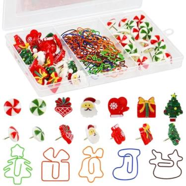 Imagem de Koqye Conjunto de 90 pinos de Natal e clipes de papel, tachinhas decorativas de polegar para quadro de cortiça, material de escritório de resina de metal fofo, acessórios festivos para quadro de